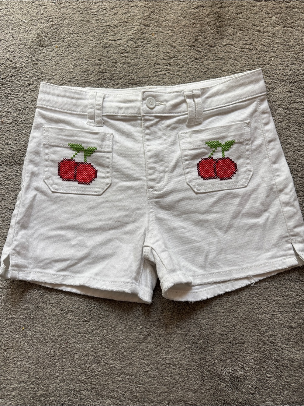 Tractr White Denim Shorts with Red Cherry Pocket Embroidery